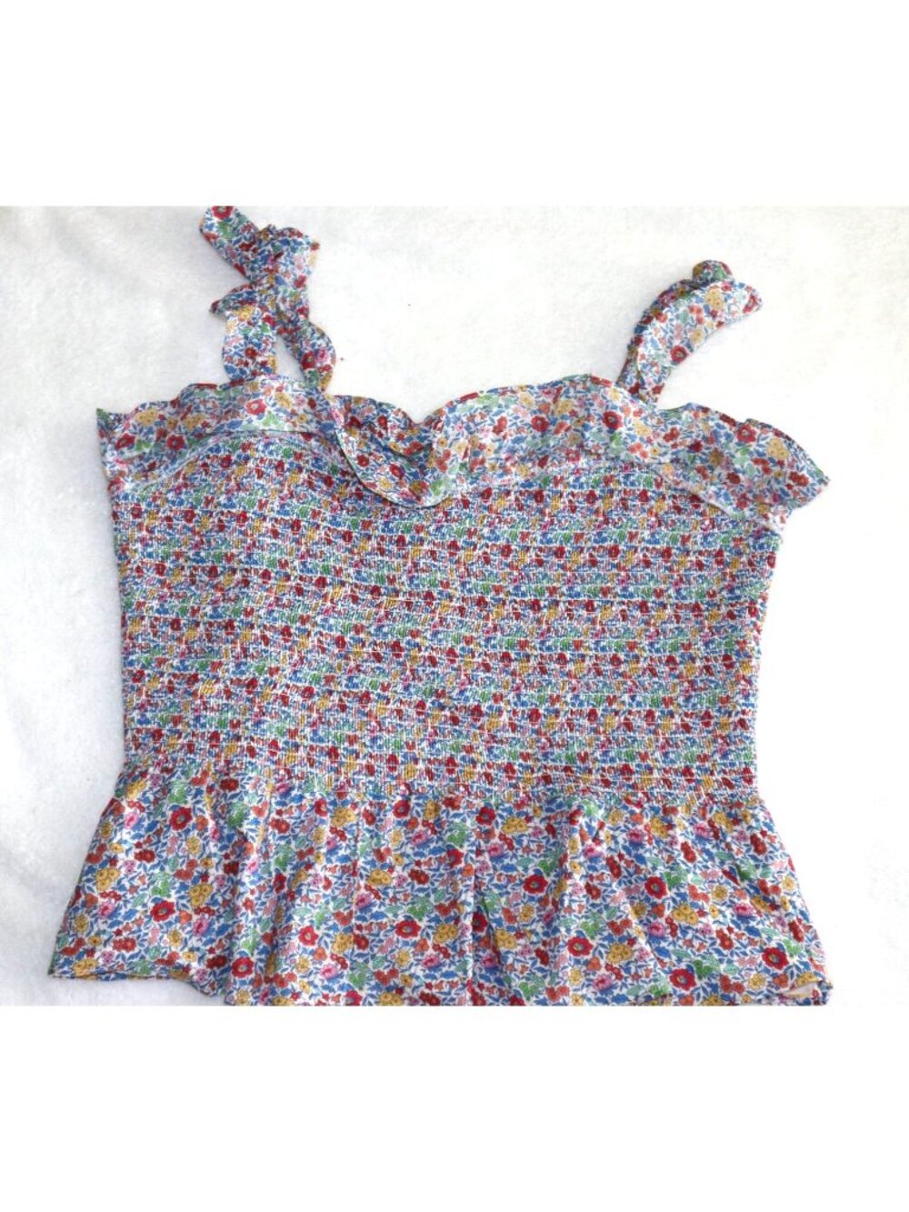 J. Crew Ditsy Floral Smocked Ruffle Top Tie Strap Cami Peplum Tank Top Ditsy